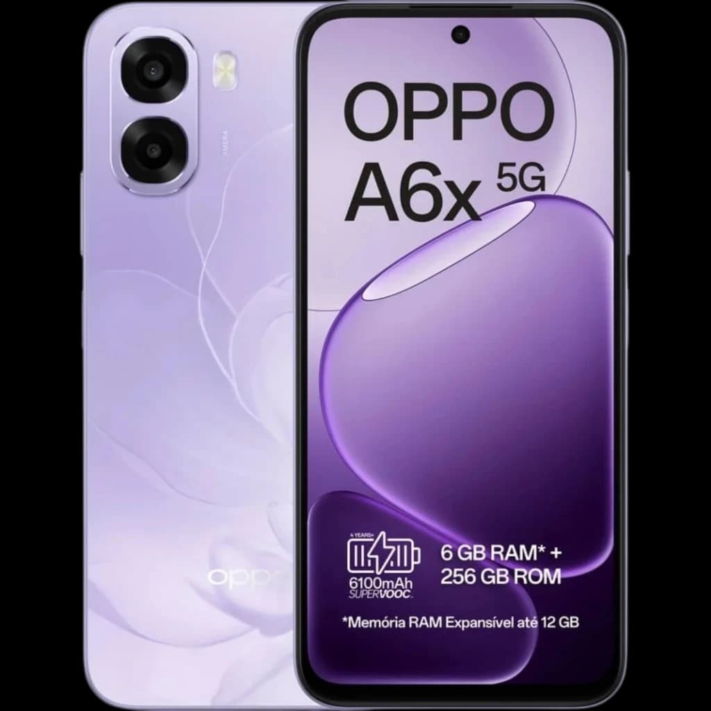 OPPO A6X 5G color lila con doble cámara trasera, pantalla amplia con biseles finos y notch central; destaca RAM 6 GB, almacenamiento 256 GB y carga rápida