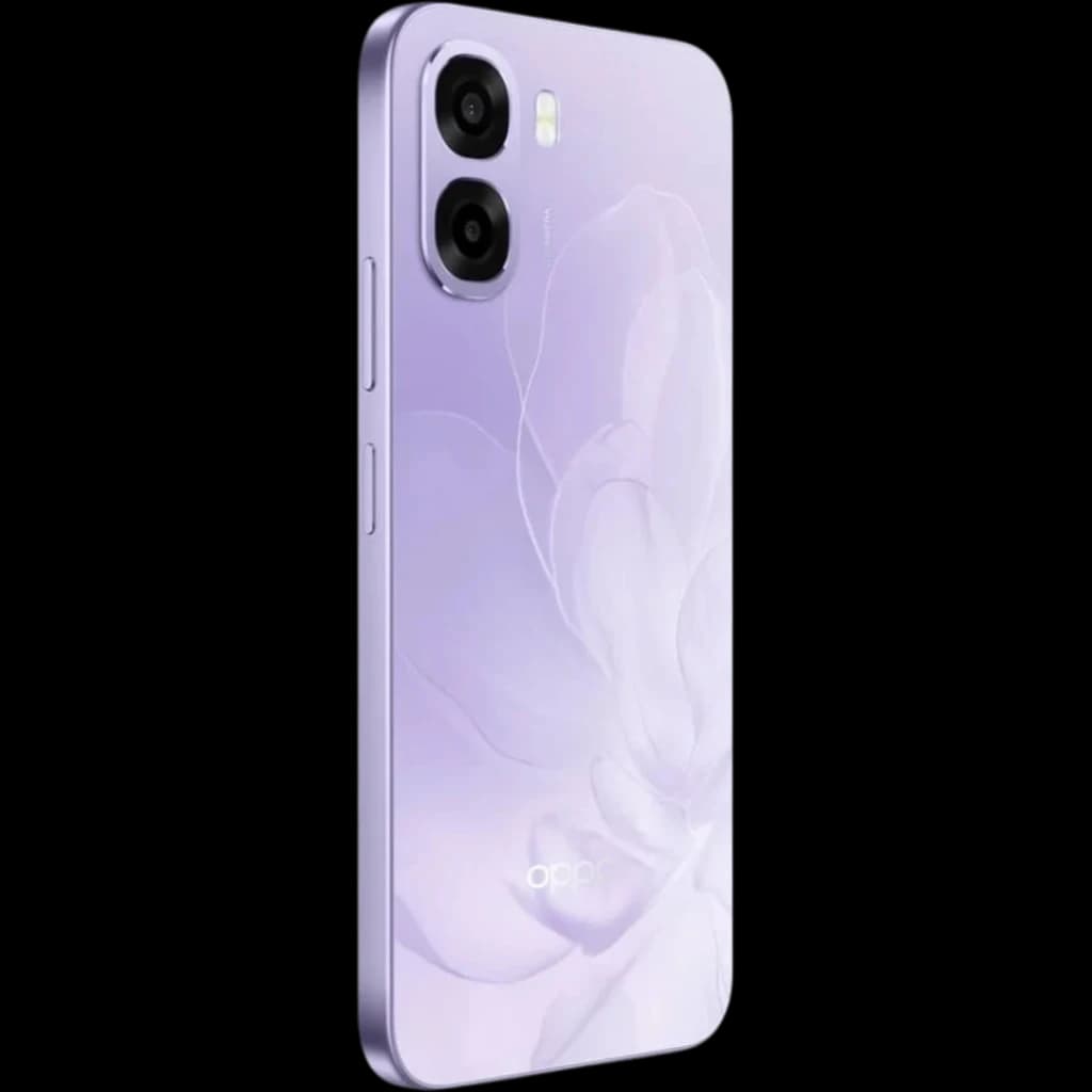 OPPO A6X 5G 256 GB Lila con 8 GB RAM, acabado lila brillante con flor grabada, doble cámara trasera y bordes planos elegantes