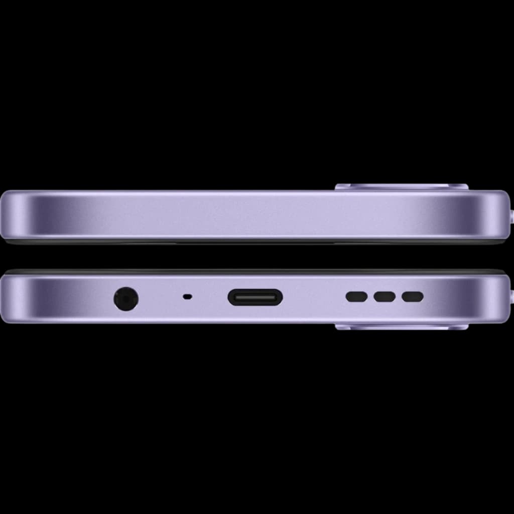 Borde lateral lila del OPPO A6X 5G con módulo de cámara sobresaliente, puerto USB-C, jack 3.5 mm, micrófono y ranuras de altavoz en diseño delgado