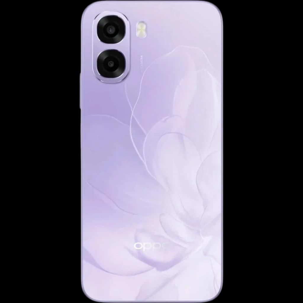 OPPO A6X 5G 256 GB Lila 8 GB MediaTek Dimensity con tapa trasera lavanda floral, doble cámara vertical y flash LED, acabado brillante elegante