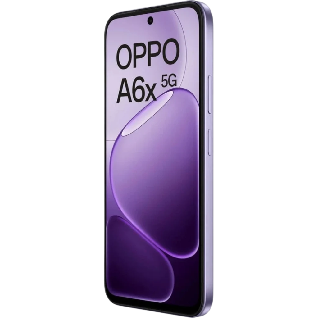 OPPO A6X 5G 256 GB Lilás com tela ampla de bordas finas, câmera dupla traseira com anéis destacados e frontal perfurada; design elegante e moderno - Item1