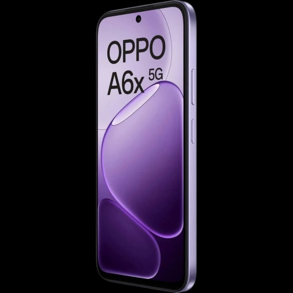 OPPO A6X 5G 256 GB Lila con pantalla amplia de bordes finos, cámara frontal en orificio centrado y marco lateral delgado en tono lila brillante