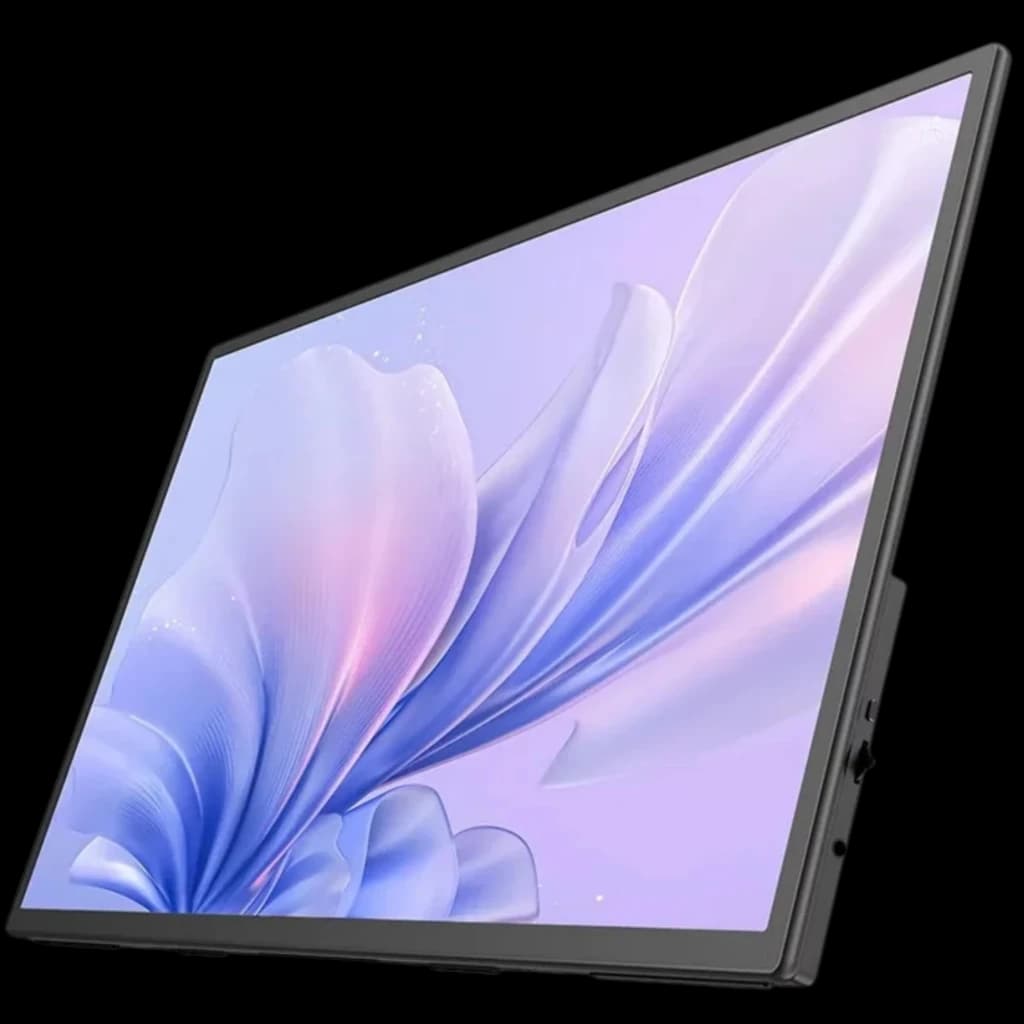Uperfect UMax21 Monitor 21,5" Full HD táctil 120 Hz IPS con biseles finos, panel delgado en ángulo y botones laterales; pantalla brillante con fondo floral