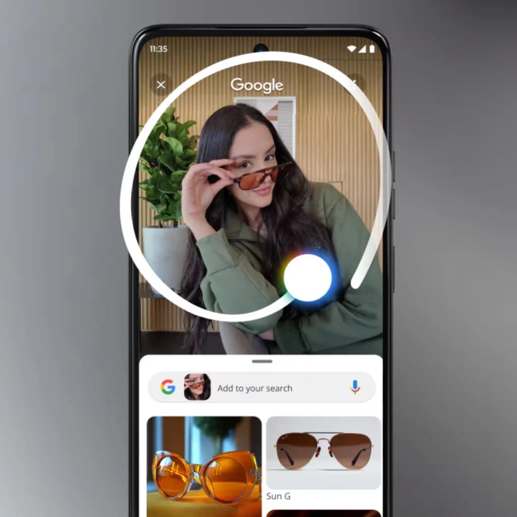 Écran du Motorola Moto G47 5G affichant la recherche visuelle Google, bordures fines, poinçon centré, couleurs vives et interface nette