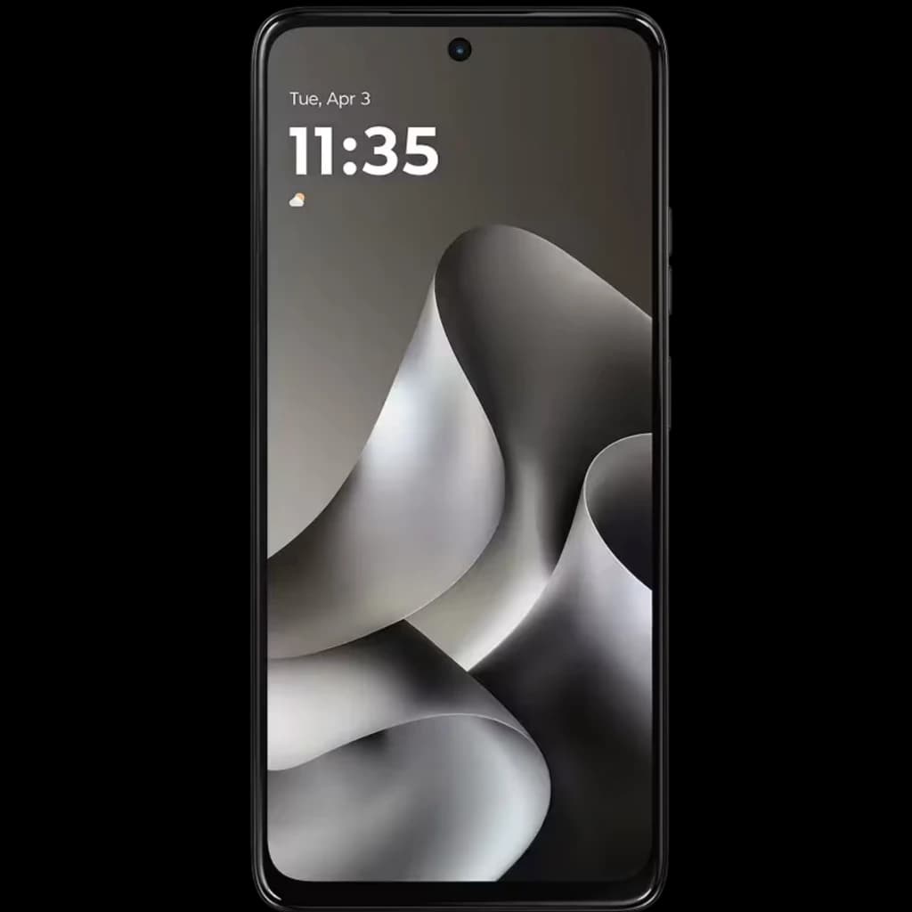Écran du Motorola Moto G47 5G 128 Go Pantone Impenetrable, dalle bord à bord avec poinçon centré et fond abstrait noir et gris, bords fins noirs