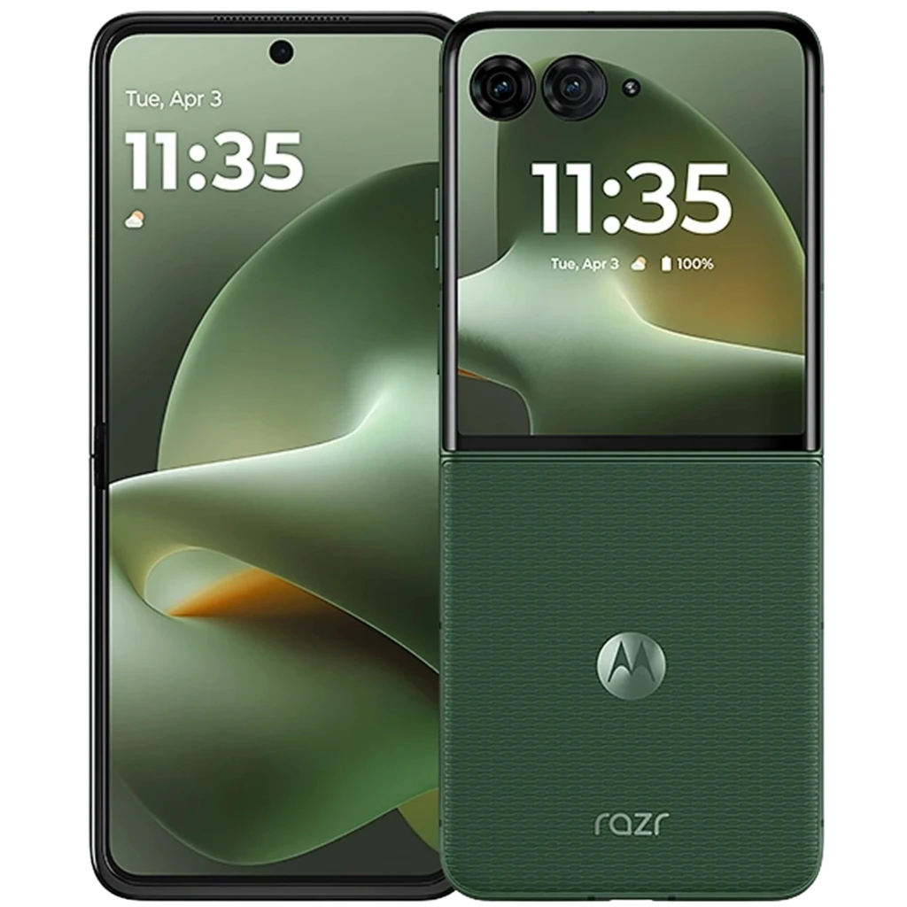 Motorola Razr 70 Plus 5G plegable en verde Mountain View, doble cámara trasera, pantalla externa cuadrada, acabado texturizado y logotipo Motorola destacado - Ítem7