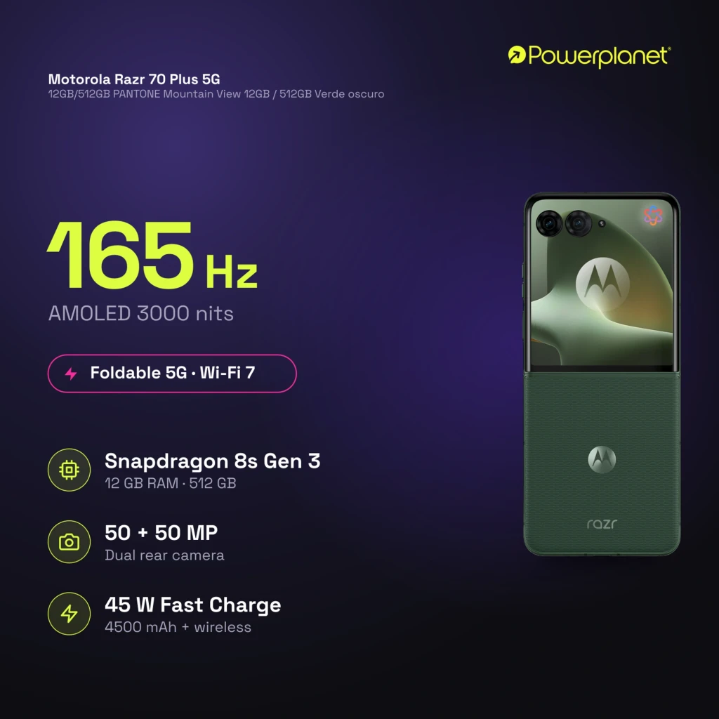 Motorola Razr 70 Plus 5G plegable en verde Mountain View, doble cámara trasera, pantalla externa cuadrada, acabado texturizado y logotipo Motorola destacado - Ítem1