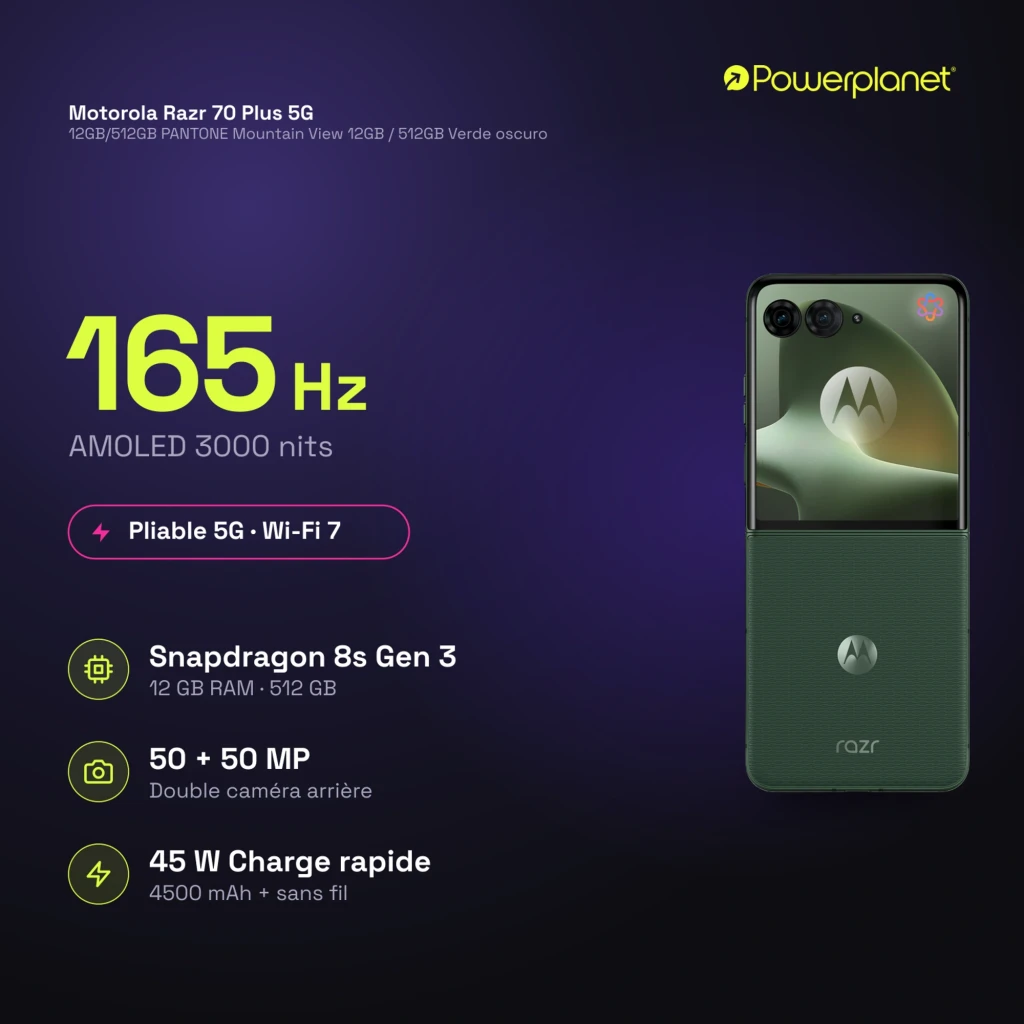 Motorola Razr 70 Plus 5G plegable en verde Mountain View, doble cámara trasera, pantalla externa cuadrada, acabado texturizado y logotipo Motorola destacado - Ítem2