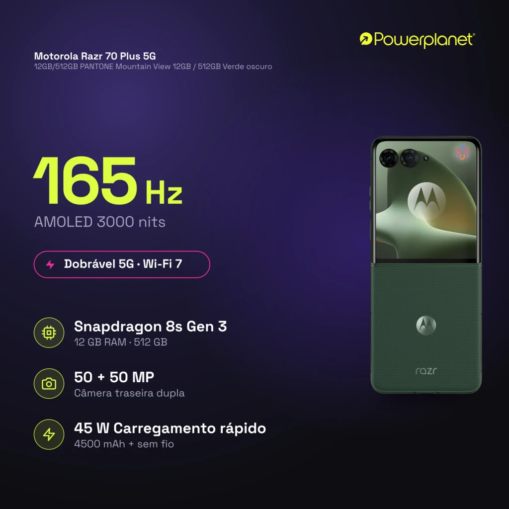 Motorola Razr 70 Plus 5G plegable en verde Mountain View, doble cámara trasera, pantalla externa cuadrada, acabado texturizado y logotipo Motorola destacado - Ítem3