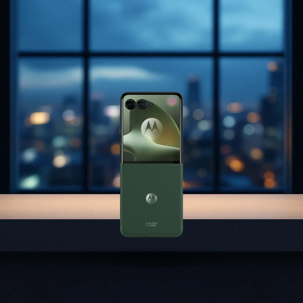 Motorola Razr 70 Plus 5G plegable en verde Mountain View, doble cámara trasera, pantalla externa cuadrada, acabado texturizado y logotipo Motorola destacado - Ítem5