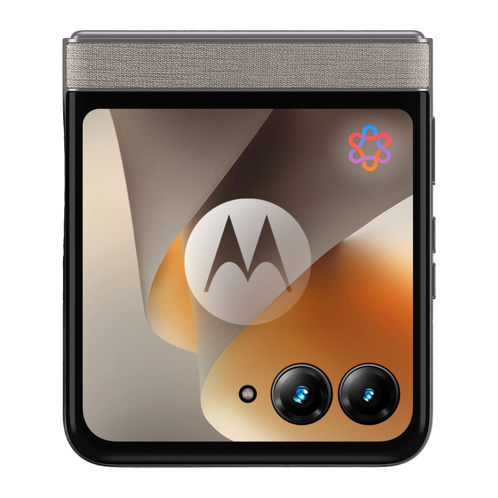Motorola Razr 70 5G Hematite plegable con pantalla externa, doble cámara trasera, acabado texturizado gris y logo Motorola centrado en ambas mitades - Ítem1