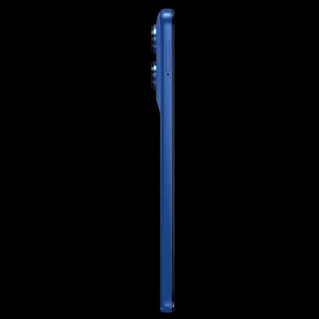 Profil latéral du Motorola Moto G47 5G bleu Nautical Pantone montrant un châssis fin, module photo proéminent et bouton latéral discret