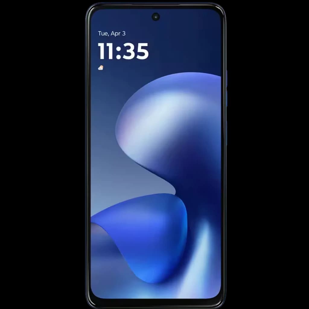 Écran Motorola Moto G47 5G en bleu Nautical Pantone, dalle bord à bord avec poinçon central, bords fins et interface à lheure affichée 11:35