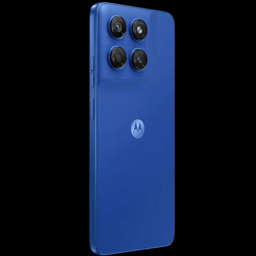 Dos du Motorola Moto G47 5G en Pantone Nautical Blue avec texture mate, logo centré et module photo carré à quatre objectifs proéminents à gauche.