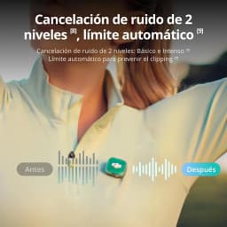 Transmisor DJI Mic Mini 2 verde menta sujeto a la prenda con clip, indicador LED visible y diseño compacto ideal para grabación inalámbrica clara