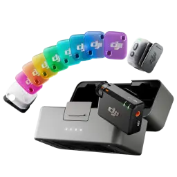 DJI Mic Mini 2 kit: estuche cargador gris con RX y 2 TX negros, clip magnético, rueda de ganancia, LEDs de estado y tapas de colores intercambiables