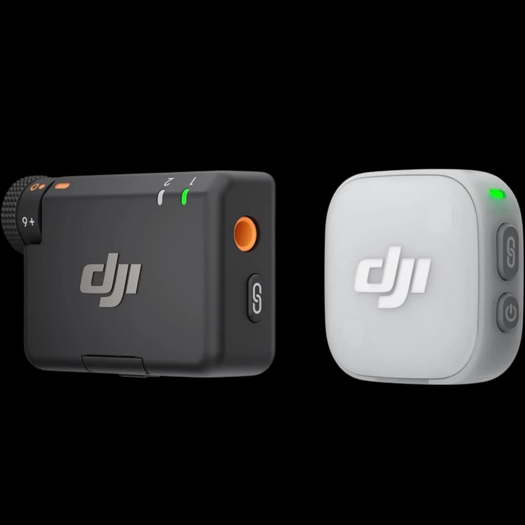 DJI Mic Mini 2 1 TX + 1 RX micrófono inalámbrico compacto en negro y blanco, con indicadores LED verdes, botones laterales y diseño portátil para