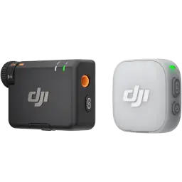 DJI Mic Mini 2 1 TX + 1 RX micrófono inalámbrico compacto en negro y blanco, con indicadores LED verdes, botones laterales y diseño portátil para
