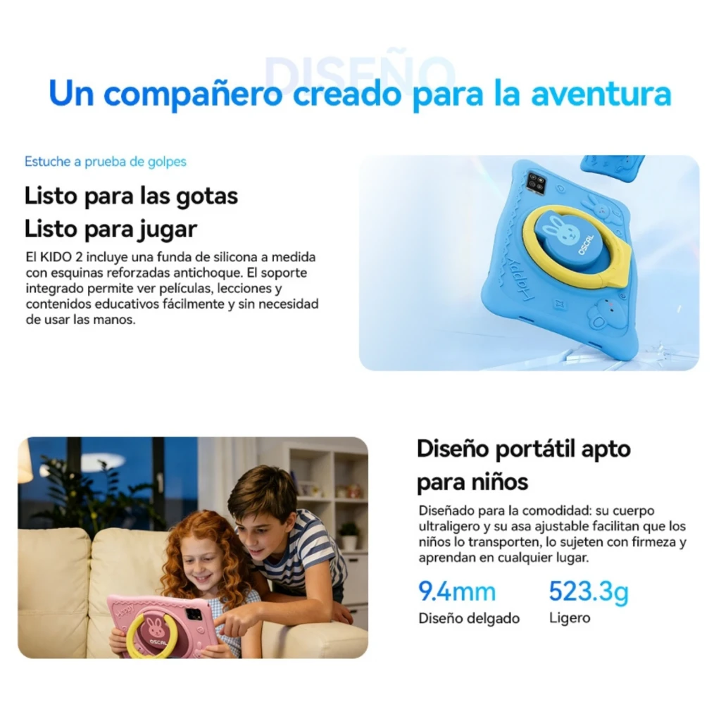 Tablet infantil Oscal KIDO 2 rosa com capa de silicone protetora, ecrã 10,1, câmara traseira dupla, anel de apoio e desenhos de coelho, 4 GB RAM e 64 GB - Item1