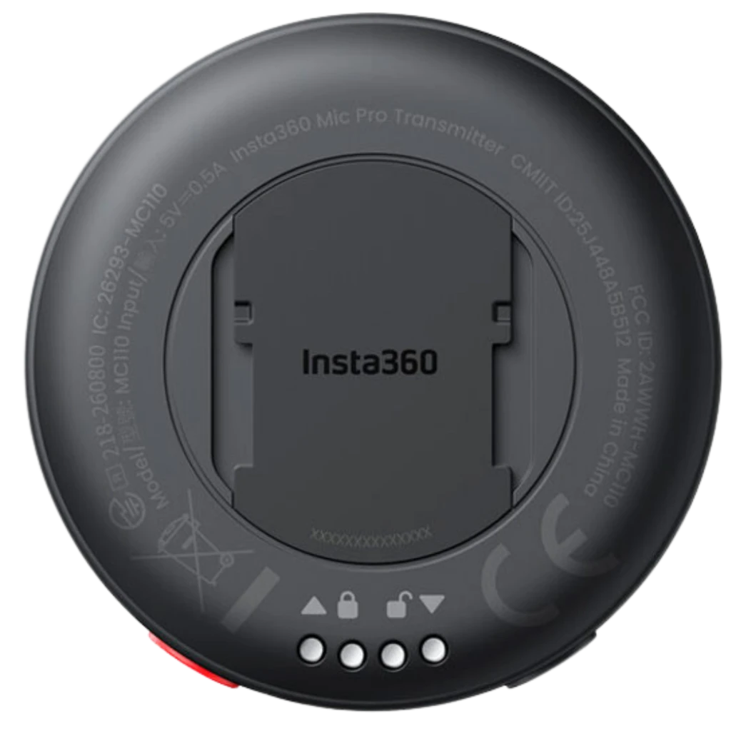 Insta360 Mic Pro Transmitter MC110 micrófono inalámbrico negro grafito, diseño circular compacto con pantalla frontal, botón de encendido y luces LED - Ítem3