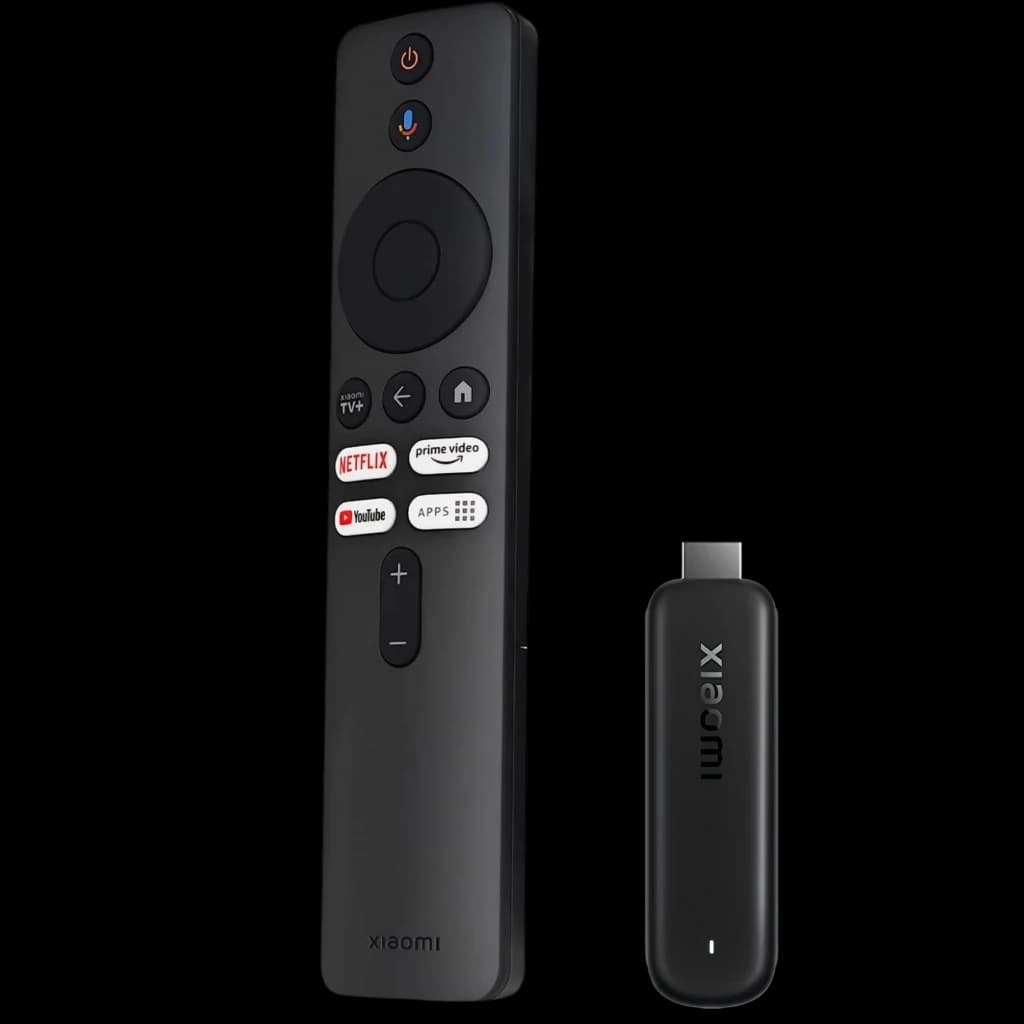 Xiaomi TV Stick HD 2e gén avec dongle compact noir et télécommande minimaliste boutons Netflix Prime Video YouTube micro intégré pour Google TV HDR AV1