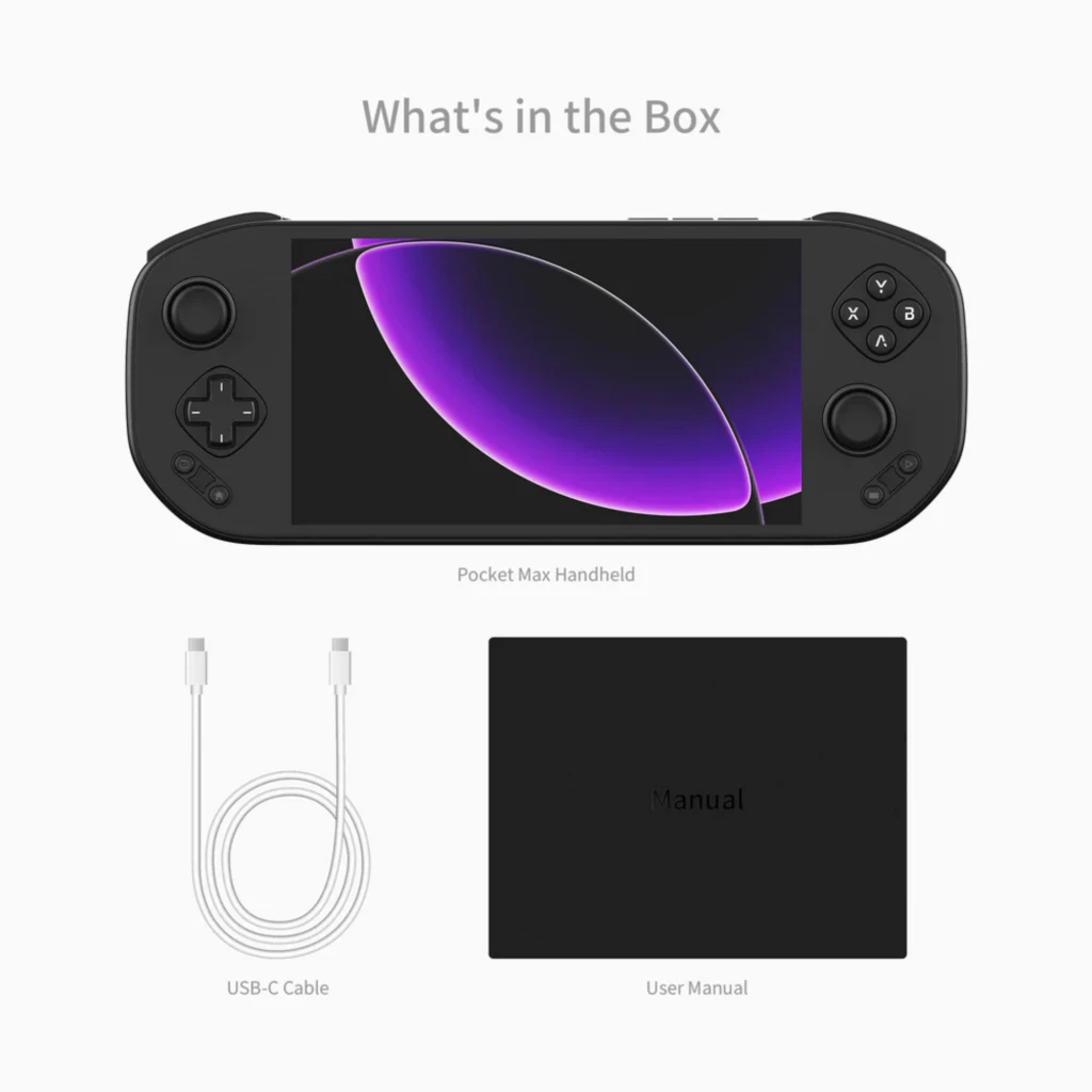 Mangmi Pocket Max 7 pulgadas AMOLED negro con joysticks duales, cruceta y botones frontales; bordes curvos y pantalla con gráfico púrpura llamativo - Ítem6