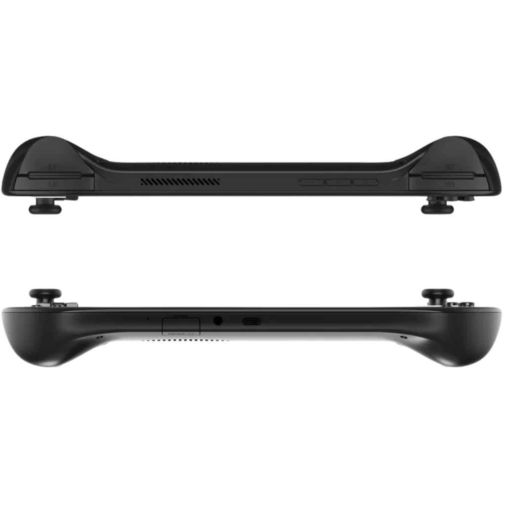 Mangmi Pocket Max 7 pulgadas AMOLED negro con joysticks duales, cruceta y botones frontales; bordes curvos y pantalla con gráfico púrpura llamativo - Ítem4