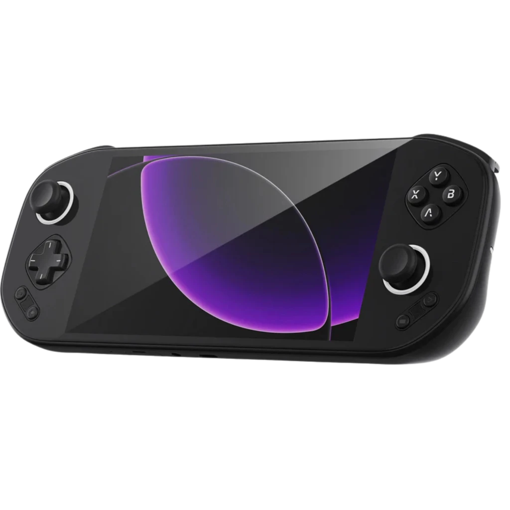 Mangmi Pocket Max 7 pulgadas AMOLED negro con joysticks duales, cruceta y botones frontales; bordes curvos y pantalla con gráfico púrpura llamativo - Ítem1