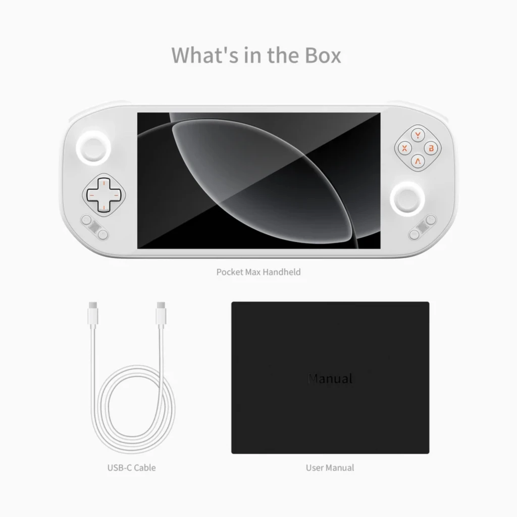 Mangmi Pocket Max 7 AMOLED blanco con pantalla amplia, dos joysticks, cruceta y botones frontales X Y A B en naranja, altavoces laterales y acabado curvo - Ítem6