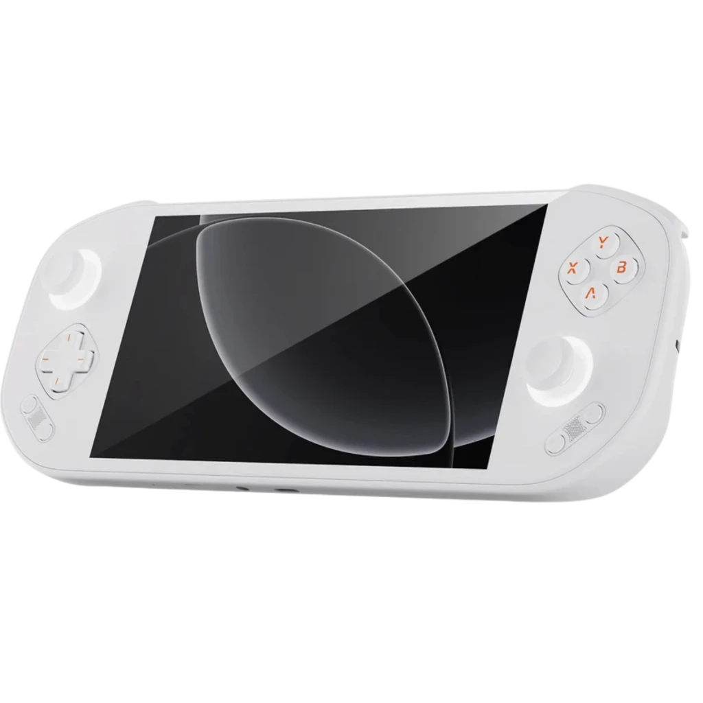 Mangmi Pocket Max 7 AMOLED blanco con pantalla amplia, dos joysticks, cruceta y botones frontales X Y A B en naranja, altavoces laterales y acabado curvo - Ítem1