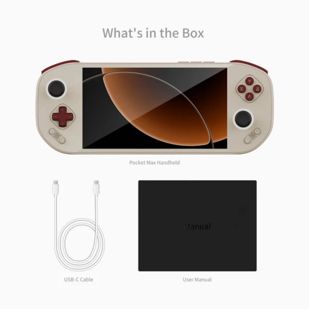 Mangmi Pocket Max 7 pulgadas AMOLED, consola portátil beige con marcos rojos, cruceta y botones frontales, dos sticks, pantalla con biseles delgados, 8GB - Ítem6