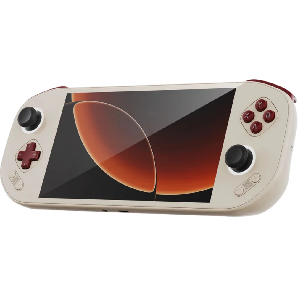 Mangmi Pocket Max 7 pulgadas AMOLED, consola portátil beige con marcos rojos, cruceta y botones frontales, dos sticks, pantalla con biseles delgados, 8GB - Ítem1
