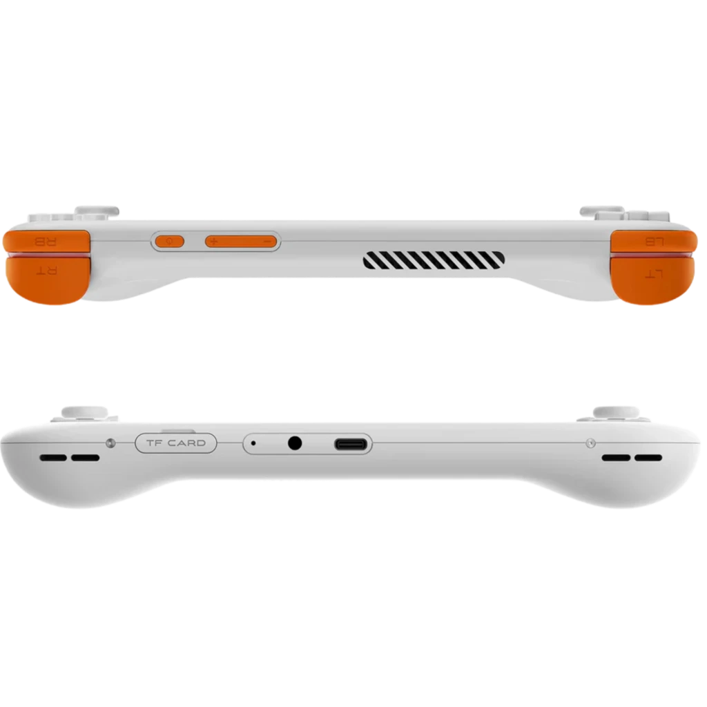 Consola portátil blanca con pantalla 5,5 pulgadas, botones A B X Y, cruceta izquierda y sticks duales; bordes y detalles en naranja contrastante - Ítem5