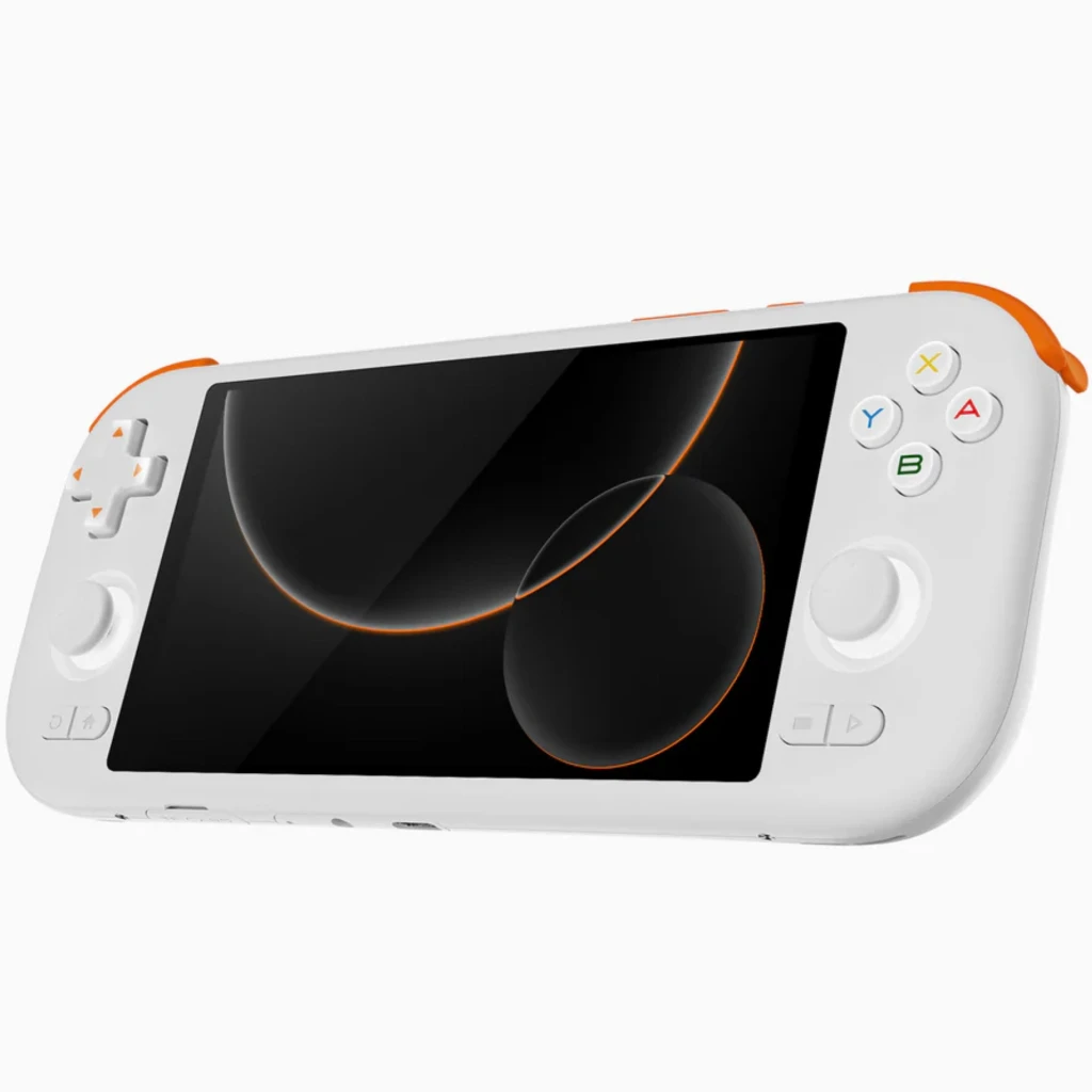 Consola portátil blanca con pantalla 5,5 pulgadas, botones A B X Y, cruceta izquierda y sticks duales; bordes y detalles en naranja contrastante - Ítem1