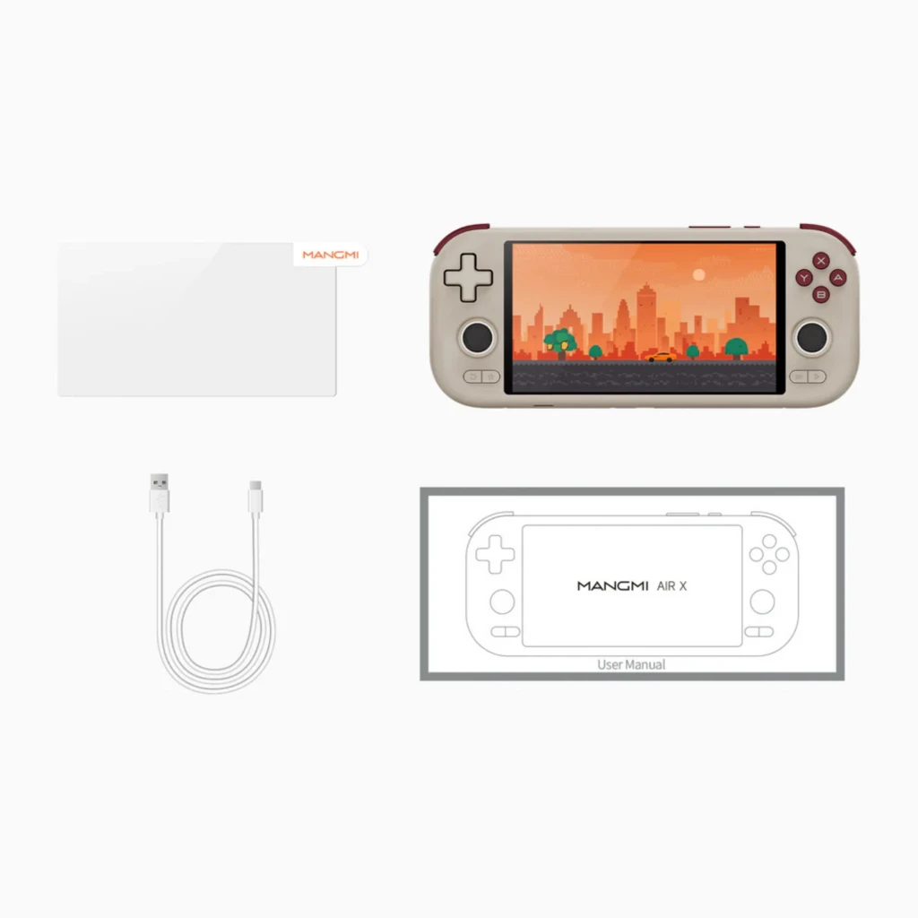 Consola portátil beige 5,5 pulgadas con botones rojos, cruceta grande y pantalla panorámica mostrando juego retro estilo pixel art en tonos naranjas - Ítem6