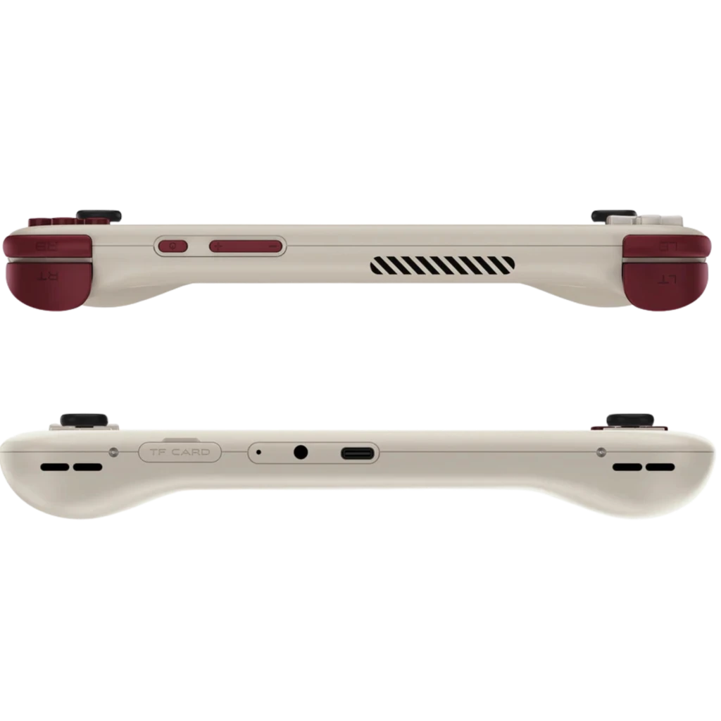 Consola portátil beige 5,5 pulgadas con botones rojos, cruceta grande y pantalla panorámica mostrando juego retro estilo pixel art en tonos naranjas - Ítem4