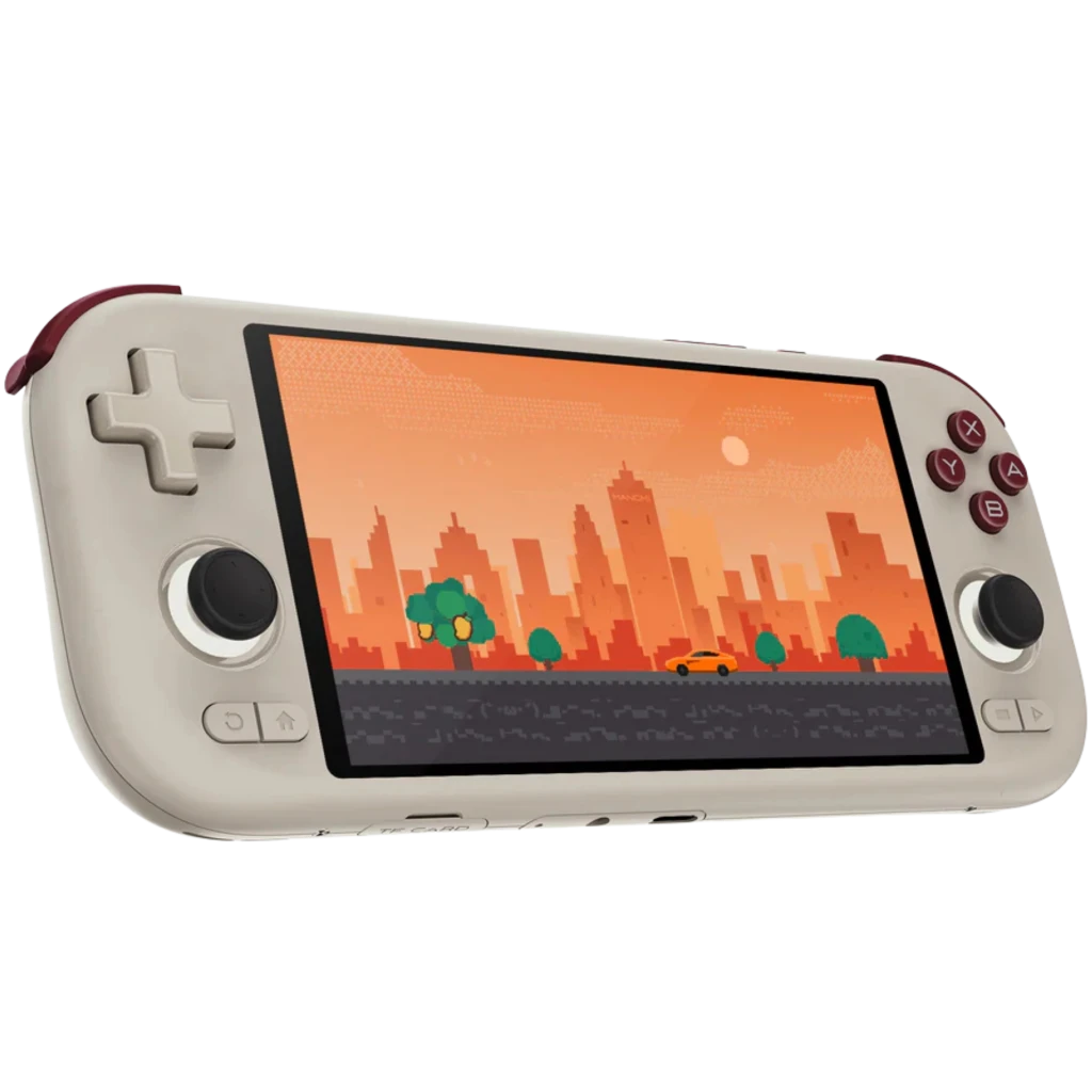 Consola portátil beige 5,5 pulgadas con botones rojos, cruceta grande y pantalla panorámica mostrando juego retro estilo pixel art en tonos naranjas - Ítem1