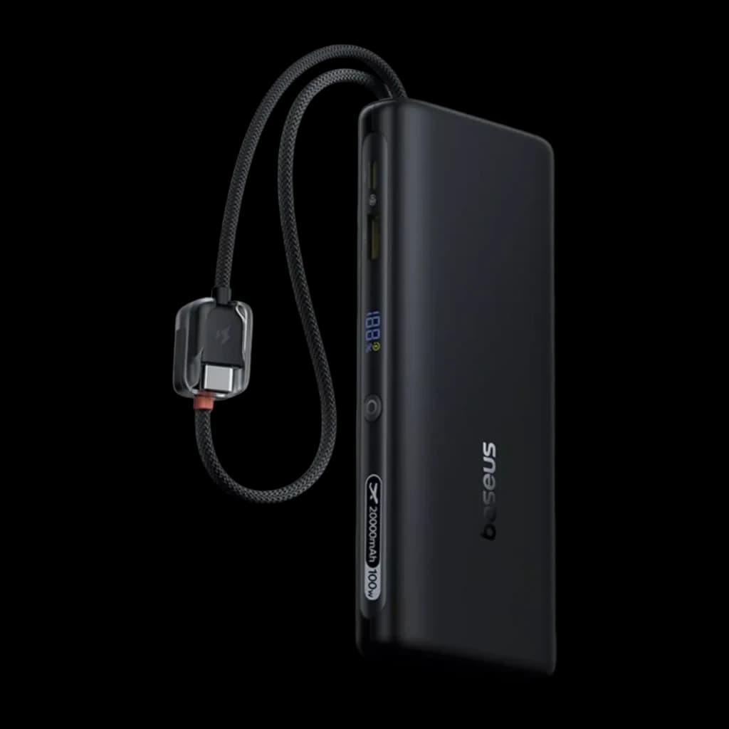 Power Bank Baseus EnerFill FC41 noir, 20000mAh, deux câbles USB‑C intégrés, écran LED de charge, boîtier fin mat, embout magnétique sécurisé