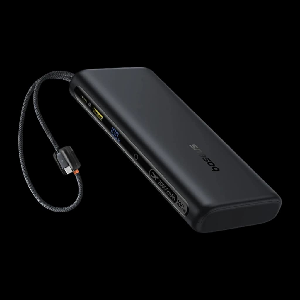 Power Bank Baseus EnerFill FC41 20000mAh noir mat avec écran LED, deux câbles USB C intégrés, bords arrondis et dragonne tressée robuste