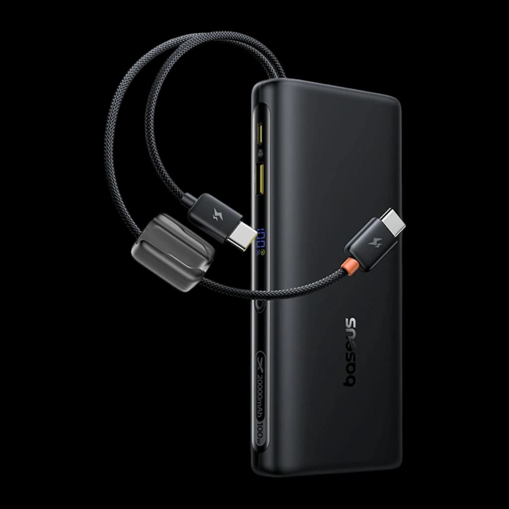 Power Bank Baseus EnerFill FC41 noir, 20000mAh, deux câbles USB-C intégrés tressés, écran LED d’état, bords arrondis, design compact et élégant