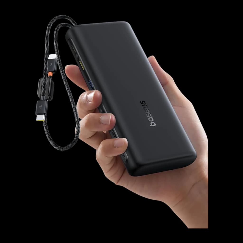 Power Bank Baseus EnerFill FC41 noir, compact en main, 20000 mAh avec 2 câbles USB-C intégrés tressés, ports latéraux et indicateur discret