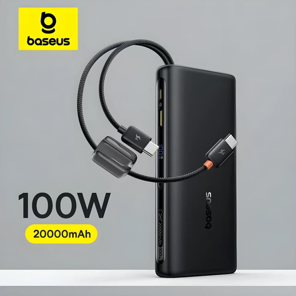 Power Bank Baseus EnerFill FC41 noir, 20000mAh, sortie 100W, deux câbles USB-C tressés intégrés, design compact avec voyants et ports latéraux