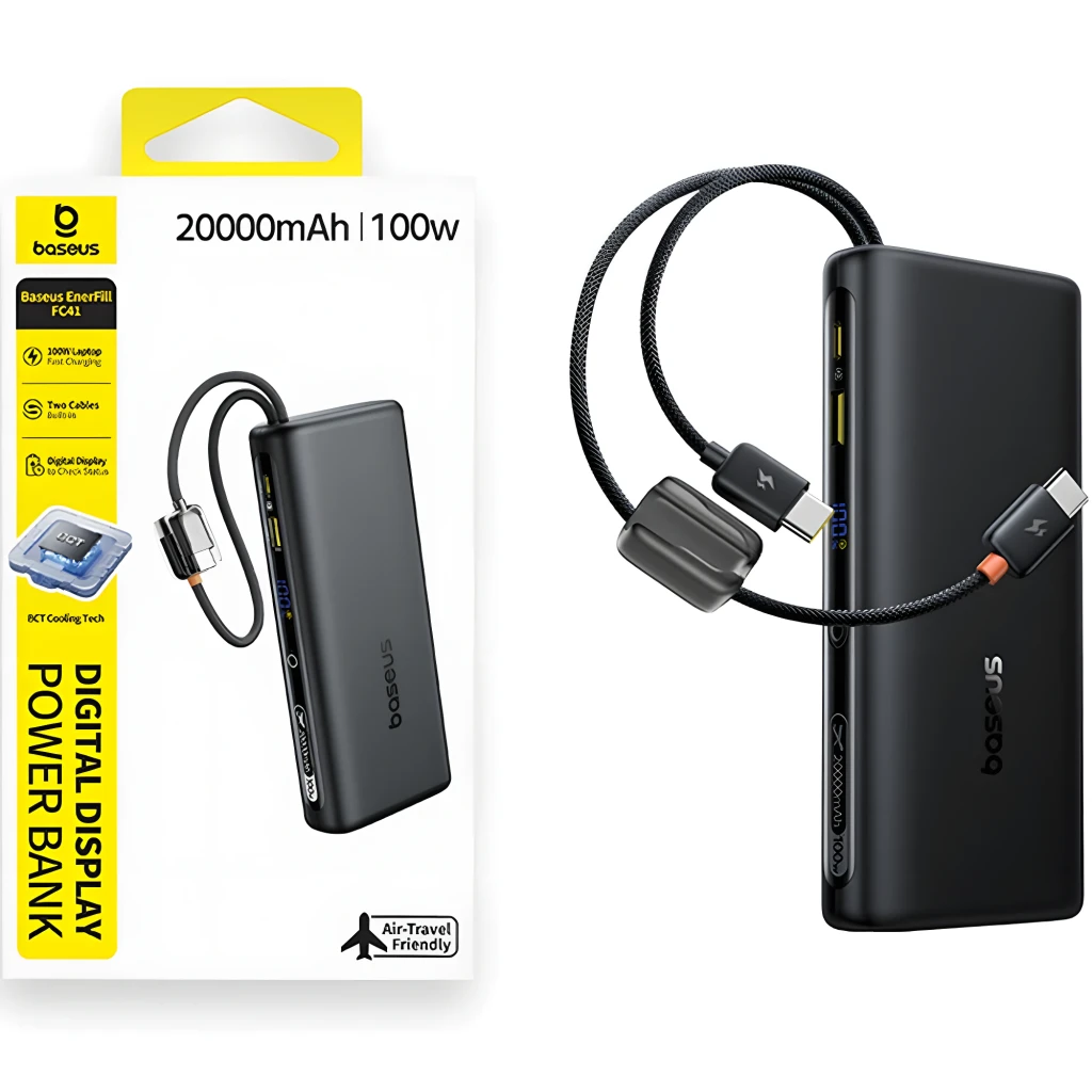 Power Bank Baseus EnerFill FC41 negro con 2 cables USB-C integrados, pantalla LED de batería, botón lateral y diseño compacto de 20000 mAh - Ítem7
