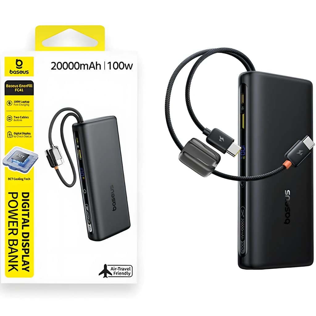 Power Bank Baseus EnerFill FC41 20000mAh noir, écran numérique, deux câbles USB‑C intégrés, ports latéraux, design fin et portable, prêt pour avion
