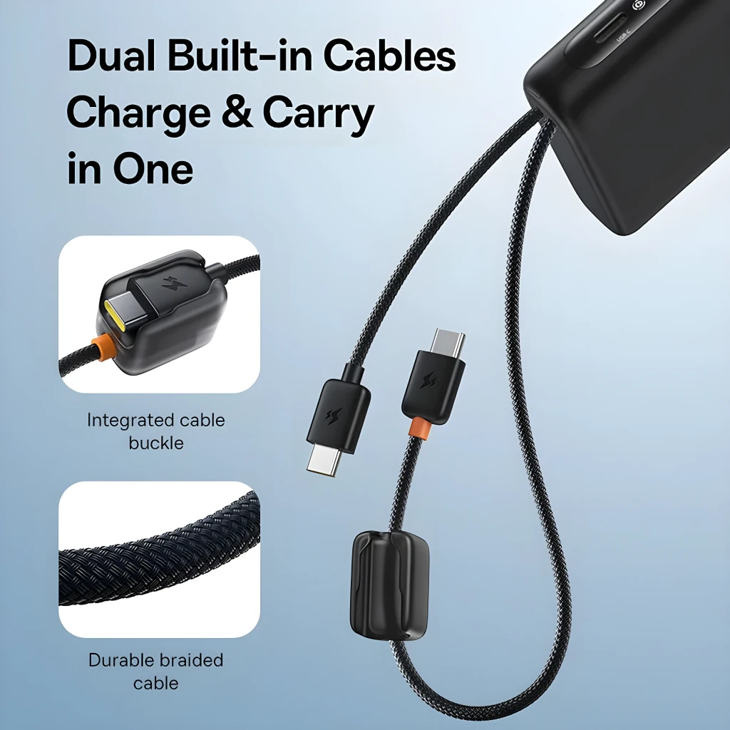Power Bank Baseus EnerFill FC41 negro con 2 cables USB-C integrados, pantalla LED de batería, botón lateral y diseño compacto de 20000 mAh - Ítem6
