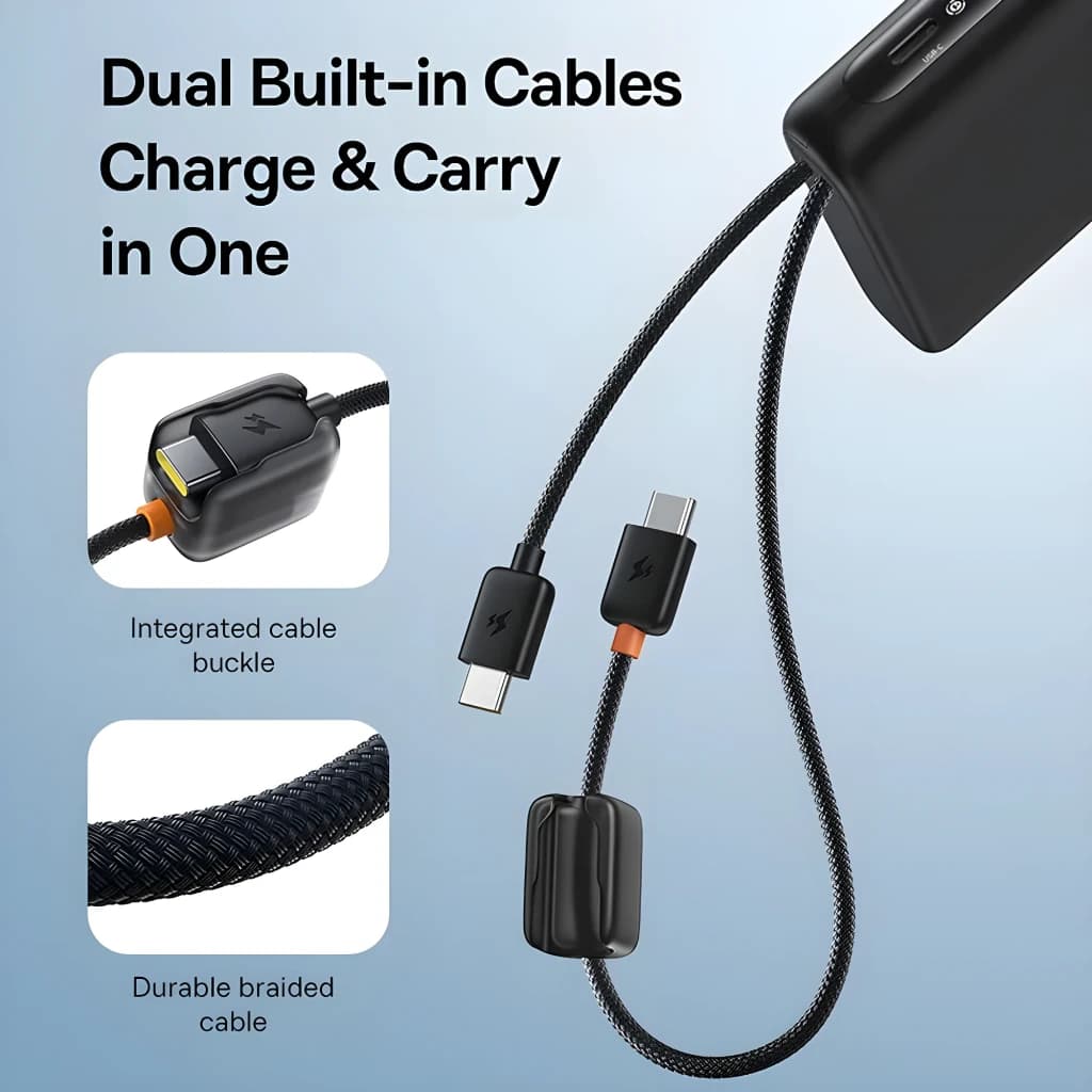 Power Bank Baseus EnerFill FC41 avec 2 câbles USB-C intégrés, gaine tressée durable, boucle de rangement, connecteurs USB-C et USB-A visibles, finition