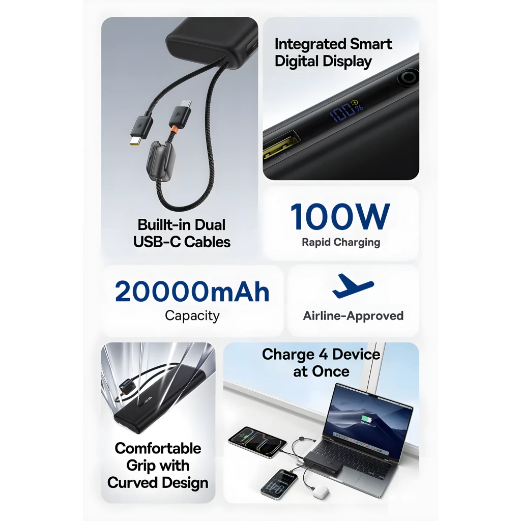 Power Bank Baseus EnerFill FC41 negro con 2 cables USB-C integrados, pantalla LED de batería, botón lateral y diseño compacto de 20000 mAh - Ítem4
