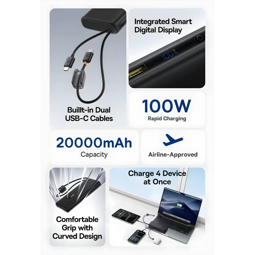 Power Bank Baseus EnerFill FC41, 20000mAh, 100W, double câbles USB-C intégrés, affichage numérique, 4 ports, design courbé antidérapant, approuvé avion