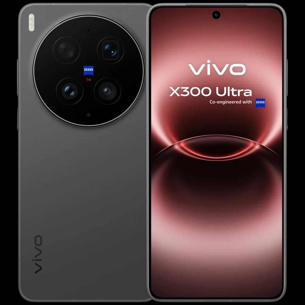 Vivo X300 Ultra 5G preto com tela ampla perfurada e bordas finas, módulo de câmera circular tripla Zeiss com flash lateral, acabamento fosco elegante
