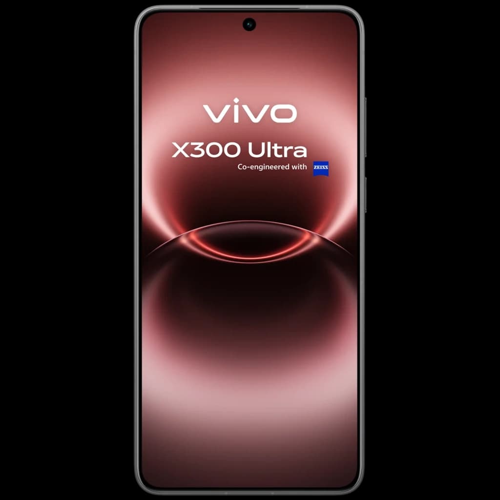 Vivo X300 Ultra 5G preto com tela ampla de bordas finas, furo central para câmera frontal e destaque de parceria ZEISS no display